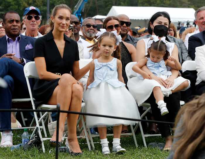 Hannah Jeter attends the Baseball Hall of Fame induction ceremony with their children Bella and Story at Clark Sports Center on September 08, 2021 in Cooperstown, New York.